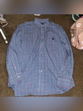 Chaps Blue and Red Check Long-Sleeve Button-Down Shirt